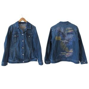 Chicos Denim Jean Jacket XL Embroidered Leaf Floral Print Pockets Boho